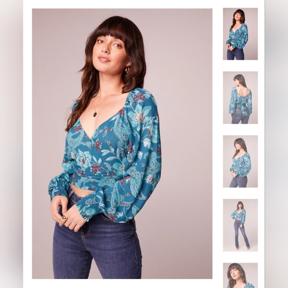 NWT SYBILLE TEAL FLORAL CROSSOVER CROP TOP Size S Brand new never worn - Picture 1 of 7